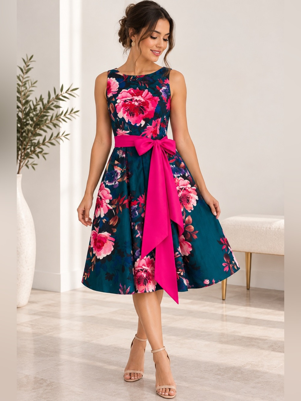 Eliza J Teal Floral Midi Dress with Hot Pink Sash